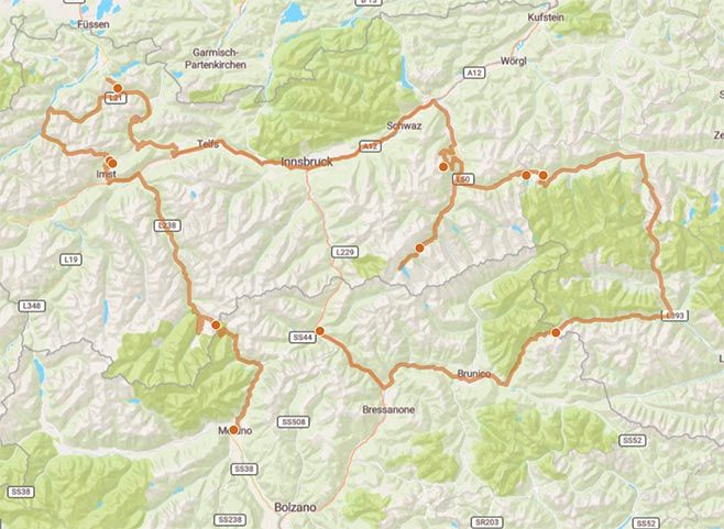 Sud Tirolo in moto dall'Alto Adige alle Alpi Austriache - Mappa